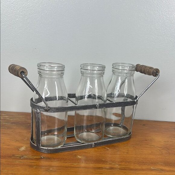 Rustic Glass Bottle Set with Metal Holder - Picture 2 of 3